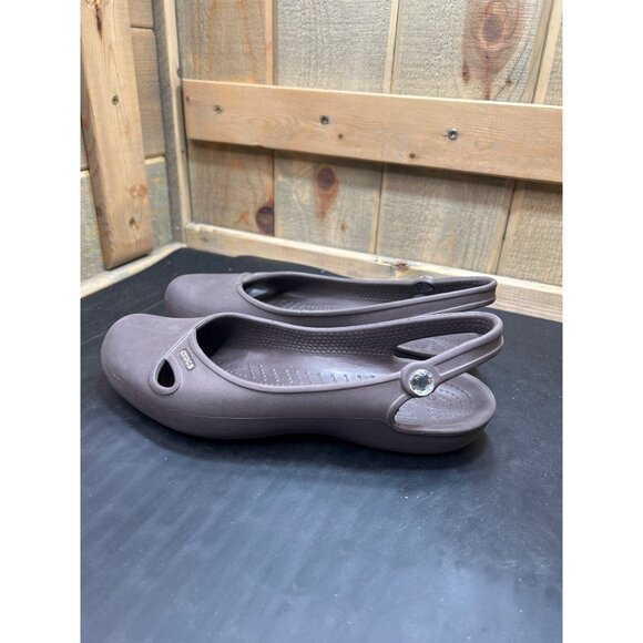 Womens Crocs Brown Flats Slingback Sandals With Crystal Button Detail Size 8 - Picture 6 of 8